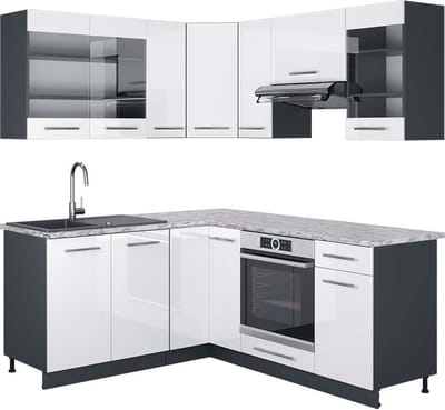 Vicco Hoekkeuken Fame-Line, Wit Hoogglans/Antraciet, 190 x 160 cm, WB Marmer