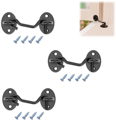 3 stuks - Raamhaak -Kajuithaak - Windhaak - Deurhouder - raamhaakjes - Raamhouder - Raamhaak - raamvastzetters - Luikhaak en oogslot - Roestvrij staal - Woonaccessoires - Windstopbeugel - Stille beugel - Raamveiligheidsstop - 7.5cm - zwart