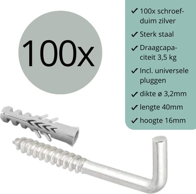 Schroefduimen Zilver - 100 stuks - 40mm x 16mm x ø3,2mm (schroef haak - schroef duim - ophang haak - wand haak)