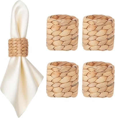 Daity 4-delige servetringenset - handgemaakte servetringen van waterhyacint in bohemian stijl - rustieke servethouders in boerderijstijl - geschikt voor elegante tafeldecoraties - kersttafeldecoraties en bruiloftsdecoraties (khaki).