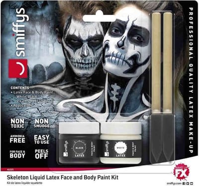 Skeleton Liquid Latex Kit with Black & White Make Up Pots & 2 Sponge Applicators 28ml/1oz