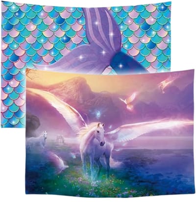 Ulticool – Wandkleed - Eenhoorn Unicorn Paard Zeemeermin Staart Schubben – Set van 2 designs - 73 cm x 95 cm – Schilderij Wandtapijt Stof – Poster Art – Roze
