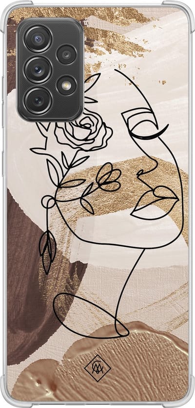 Casimoda® hoesje - Geschikt voor Samsung Galaxy A52 5G - Abstract Gezicht Bruin - Shockproof case - Extra sterk - TPU/polycarbonaat - Bruin/beige, Transparant