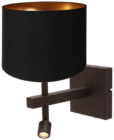 Wandlamp Steinhauer Stang 4869CA met cacao kleurig metaal, zwart linnen kap, E27 fitting, draaibaar en kantelbaar, inclusief apart leeslampje voor binnen gebruik