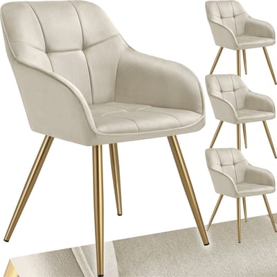 tectake® Eetkamerstoelen Marilyn - Set van 4 - Gestoffeerde Stoel in Fluweellook - Gecaptioneerd - Zwarte Stoelpoten - Ergonomische Keukenstoel - Doorlopende Rugleuning en Armleuningen - Stoel voor Woonkamer, Eetkamer, Slaapkamer - Creme