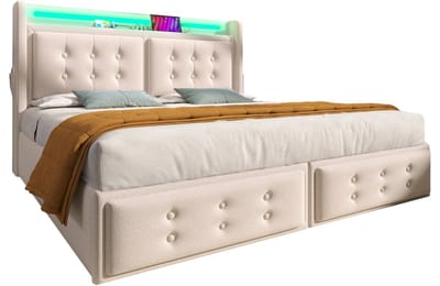 Wishdor Tweepersoonsbed 180 x 200 cm – LED en Ingebouwd Stopcontact – USB-A en USB-C – Katoen-Linnen Bekleding – Hydraulische Opbergruimte met Gasveer – Inclusief Lattenbodem – Geschikt voor Slaapkamer – Hout en Metaal – Beige