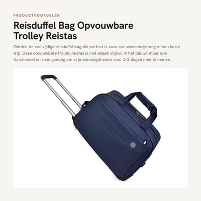 Dailygoods- Reisduffel met wielen - Opvouwbare Reistas - Handbagage 50x26x32 cm - Ruime capaciteit - Lichtgewicht 2 kg - Oxford Stof