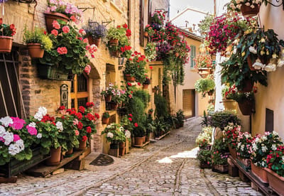 Fotobehang Mediteranean With Flowers | XL - 208cm x 146cm | 130g/m2 Vlies
