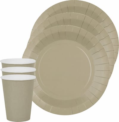 Santex feest/verjaardag servies set - 10x bordjes en bekertjes - taupe - karton