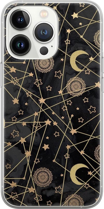 Leuke Telefoonhoesjes - Hoesje geschikt voor iPhone 13 Pro - Sterren, zon, maan - Soft case - TPU - Sterren - Zwart