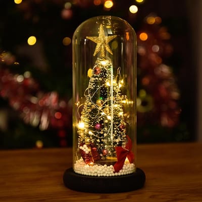 Arbre de Noël sous Dôme en Verre LED Couvercle en Verre Ornements Cèdre Fenêtre Accessoires de Shooting Cadeaux pour brown
