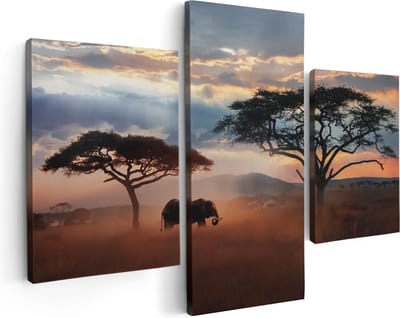 Artaza Canvas Schilderij Drieluik Olifant In Het Wild - Savanne - 90x60 cm - Wanddecoratie Woonkamer - Schilderijen - Muurdecoratie