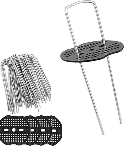 50 Stalen Grondankers met 50 Bufferdiscs voor Bevestigen van Onkruid, Netten en Tuinhekken, Ideaal voor Camping en Tuinprojecten, Afmetingen 150x25mm Ø2.7mm