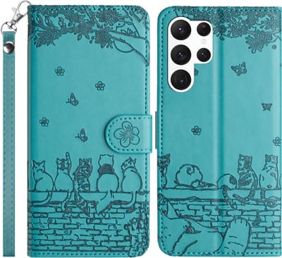 BookCover Hoes Etui geschikt voor Samsung Galaxy S25 Ultra - Turquoise - Katten op Muurtje - Reliëf