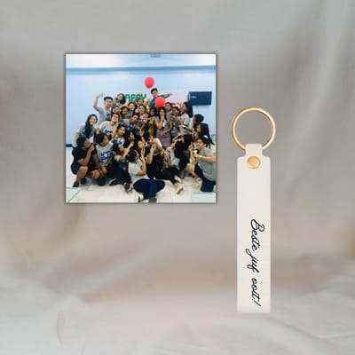 Juf cadeautjes bedankt – Gepersonaliseerd cadeau foto – Beige sleutelhanger en magnetisch tegeltje met foto – Juf cadeau