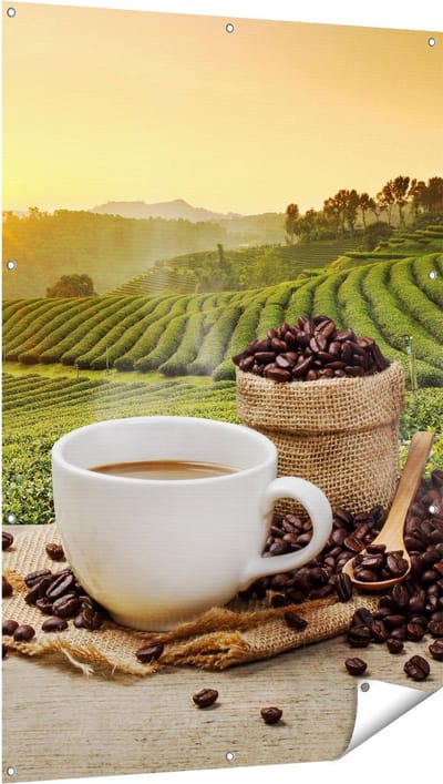 Gards Tuinposter Kopje Koffie op een Plantage Achtergrond6 - 100x150 cm - Tuindoek - Tuindecoratie - Wanddecoratie buiten - Tuinschilderij