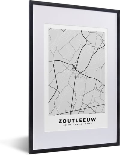 Fotolijst incl. Poster Zwart Wit- Stadskaart – Plattegrond – België – Zwart Wit – Zoutleeuw – Kaart - 40x60 cm - Posterlijst