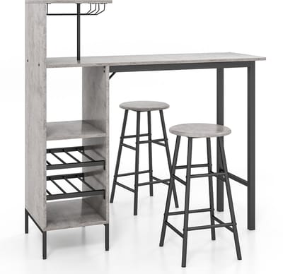 COSTWAY Bartafel met barkruk, set voor 2 personen, met houders voor wijnglazen en flessen, toog voor woonkamer, eetkamer en keuken (grijs)