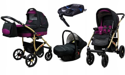 BabyLux® Kinderwagen 4in1 – LARGO - BLACK PURPLE GOLD FRAME - Opklapbare Wandelwagen incl. Reiswieg, Multifunctionele Buggy Sportstoel, Autostoel, ISOFIX basisstation - Combi-kinderwagen met Luiertas, Regenhoes, Klamboe
