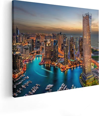 Artaza Canvas Schilderij Dubai Marina - 50x40 cm - Wanddecoratie Stad - Muurdecoratie Zonsondergang - Kamer Accessoires