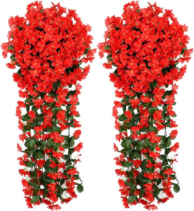 Namajunas - Kunstplant hangend - Kunstbloemen - Kunstplanten voor binnen en buiten - UV-bestendige nepbloemen - Nepplanten voor bruiloft balkon tuin decoratie 90CM - 2 stuks - Rood