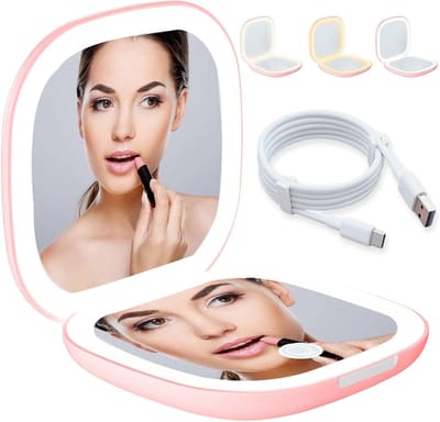 Draagbare LED Make-up Spiegel met 1X/10X Vergroting, Verstelbare Verlichting en Dubbelzijdig Ontwerp, Ideaal voor Reizen en Geschenken voor Vrouwen, Roze kleur