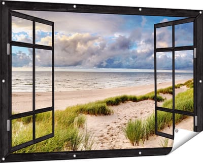 Gards Tuinposter Doorkijk Strand en Duinen met Bewolking - 150x100 cm - Tuindoek - Tuindecoratie - Wanddecoratie buiten - Tuinschilderij