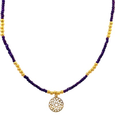 CO88 Collection 8CN-26285 Stalen Ketting met Kralen - Dames - Goudkleurig - 3 mm - Paars - 2,5 mm - Mandala - 12 mm - Lengte 38 + 7 cm
