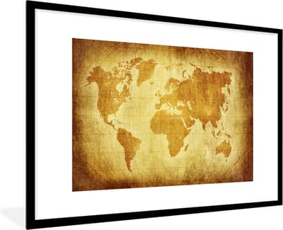 Poster in lijst - Fotolijst 120x80 cm - Posters - Wereldkaart - Papyrus - Bruin - Kinderen - Jongens - Meisjes - Posterlijst zwart - Decoratie - Wanddecoratie woonkamer - Muurdecoratie slaapkamer