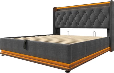 COVREO Bedframe 140x200 cm grijs stof, opbergbed met LED en USB-C