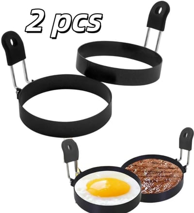 2 stuks - Ronde eiervormpjes - Siliconen handvat voor gemakkelijk ontvormen - Vormring voor ontbijt - Bakvormer - 9 x 9 cm - Voor thuisgebruik in de keuken, voor het vormen van ontbijtingrediënten - Zwart