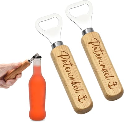 Houten Flesopener voor Vragen en Antwoorden, Perfect als Geboorte- of Doopcadeau voor Mannen