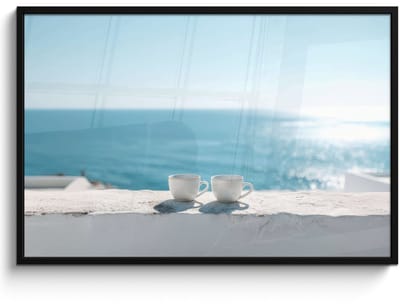 Poster in lijst - Fotolijst 120x80 cm - Posters - Zee - Koffiekopjes - Zomers - Posterlijst zwart - Decoratie - Wanddecoratie woonkamer - Muurdecoratie slaapkamer