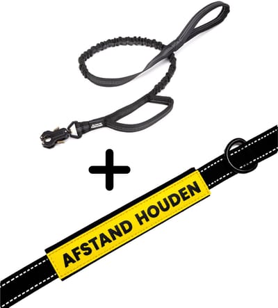 Always Prepared® Pro Hondenriem met Sleeve Afstand Houden | Elastische Hondenriem | 120 tot 150 cm | Frog Clip | Dubbel Handvat | PVC Waarschuwingssleeve