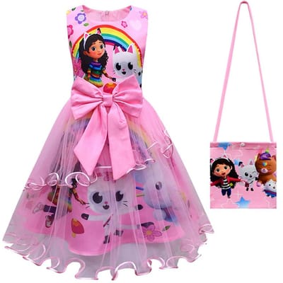Gabby's poppenhuis Kinderen Zomer Gabby Katten Jurk Baby Meisjes Schattige Kant Prinses Jurk Peuters Meisjes Verjaardagsfeest Jurken Hoofddeksel 140 pink