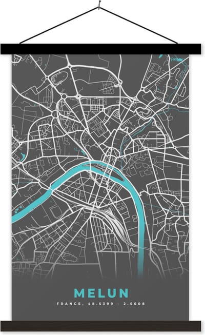 Posterhanger incl. Poster 40x60 cm - Schoolplaat - Melun - Frankrijk - Plattegrond - Stadskaart - Kaart - Textielposter - Zwarte latten - Stadskaart