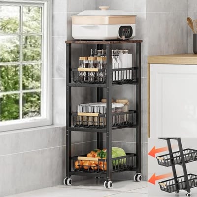 SnelShoppen - Stalen Wieltjesmanden, Stapelbare Keukenorganizer, Multi-laags Fruit- en Groentenrek met Uittreklade, 3 Laags, Ruimtebesparend en Functi