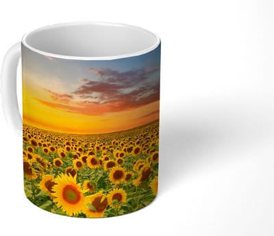 Mok - Koffiemok - Bloemen - Zonnebloem - Zonsondergang - Nacht - Oranje - Mokken - 350 ML - Beker - Koffiemokken - Theemok