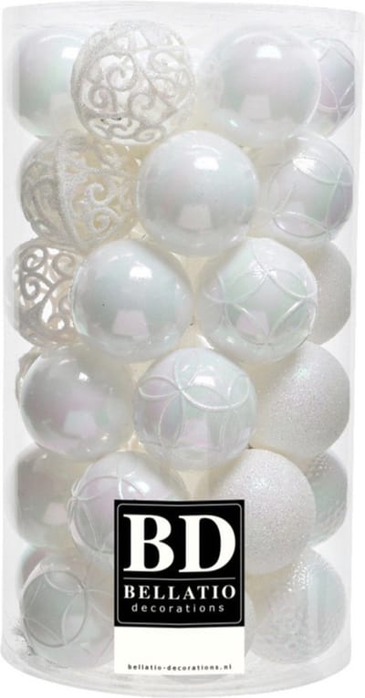 37x stuks kunststof kerstballen parelmoer wit 6 cm inclusief kerstbalhaakjes - Kerstversiering - onbreekbare kerstballen