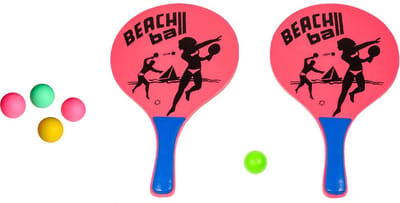 Summertime strand Beachball set - hout - fuchsia - strand sport speelset - met 5x balletjes - speelgoed