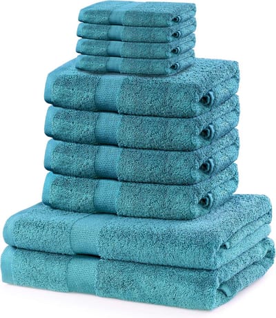 Set of 10 cotton quality 525 g/m² 4 guest towels 30x50 cm 4 hand towels 50x100 cm and 2 bath towels 70x140 cm turquoise absorbent Marina