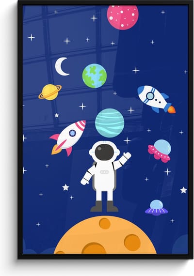 Poster in lijst - Fotolijst 80x120 cm - Posters - Ruimte - Astronaut - Raket - Blauw - Posterlijst zwart - Kamer decoratie - Wanddecoratie kinderkamer - Muurdecoratie babykamer