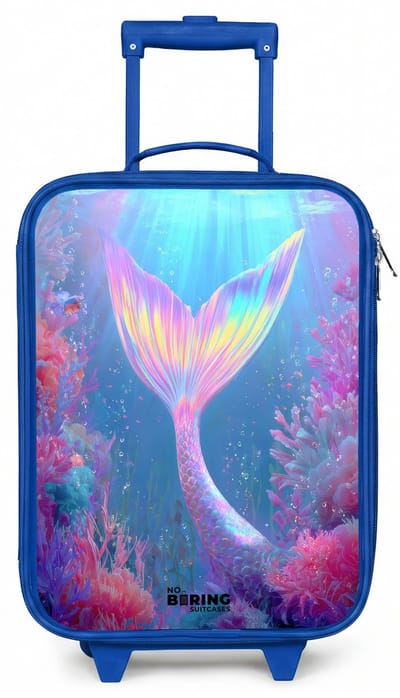 NoBoringSuitcases.com® - Kinderkoffer blauw - Kindertrolley jongen - Zeemeermin - Koraal - Water - Koffer kind lichtgewicht - Reiskoffer trolley voor kinderen - Koffertje met lichtgevende wieltjes - Rolkoffer