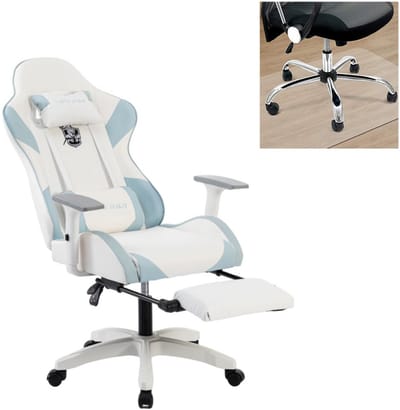 OFMOTRA-Gamestoel-Gaming stoel-hoogteverstelbare gaming stoel-verstelbare armleuningen-met pedaal-met lumbale kussen-hoofdsteun-met vloermat-ondersteuning 200KG-blauw