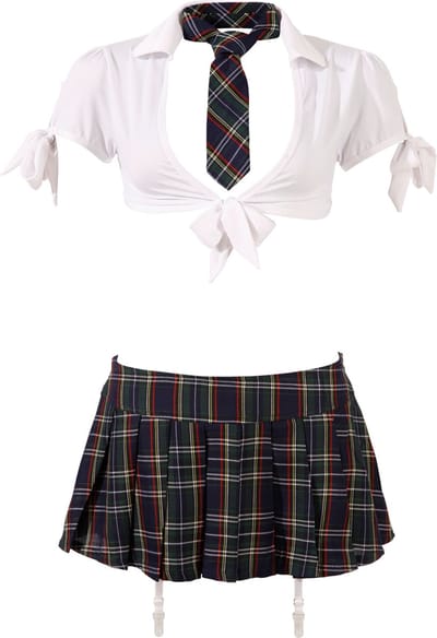Cottelli Collection – Stout School Meisje Set met Rok en Top voor Ondeugende Meiden – Maat XS – Wit
