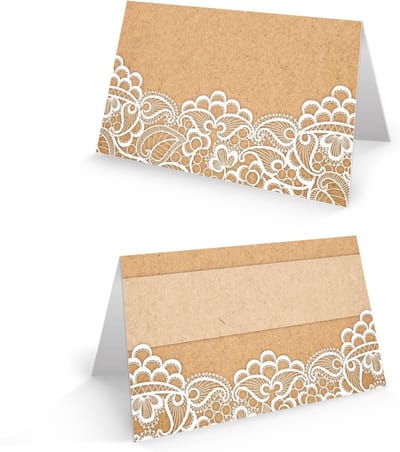 Kartonnen Kaartjes - Tafelkaarten Plaatskaarten - Feestdecoratie - Vintage Kant Design - 85 x 55 cm - Bruin