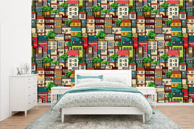Behang - Fotobehang Patronen - Huis - Boom - Jongens - Kinderen - Kids - Breedte 385 cm x hoogte 240 cm