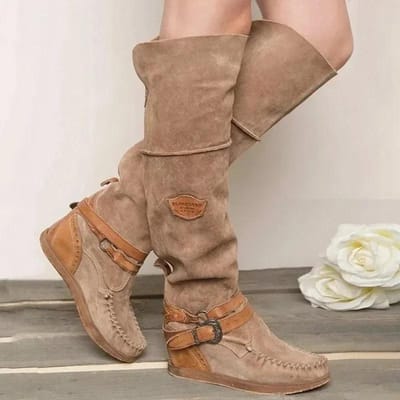 Vintage Dames Laars Casual Knielaarzen Dames Schoenen met Hoge Hak Thermische Overschoenen Hoge Laars Mujer Sapato 38 bruin