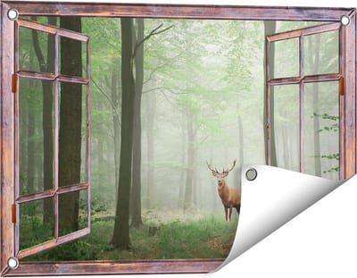Gards Tuinposter Doorkijk Hert in Bos - 60x40 cm - Tuindoek - Tuindecoratie - Wanddecoratie buiten - Tuinschilderij