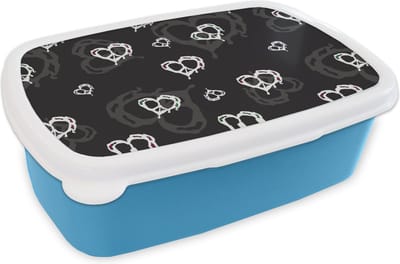 Broodtrommel Blauw - Lunchbox - Brooddoos - Patronen - Hart - Schedel - 18x12x6 cm - Kinderen - Jongen